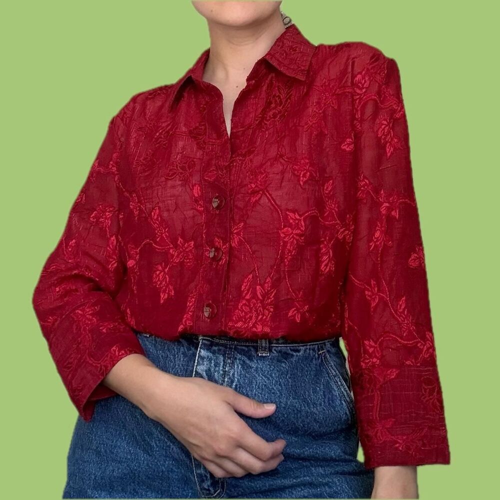 Vintage Coldwater Creek Red Floral Jacquard Button-Up Blouse | PM